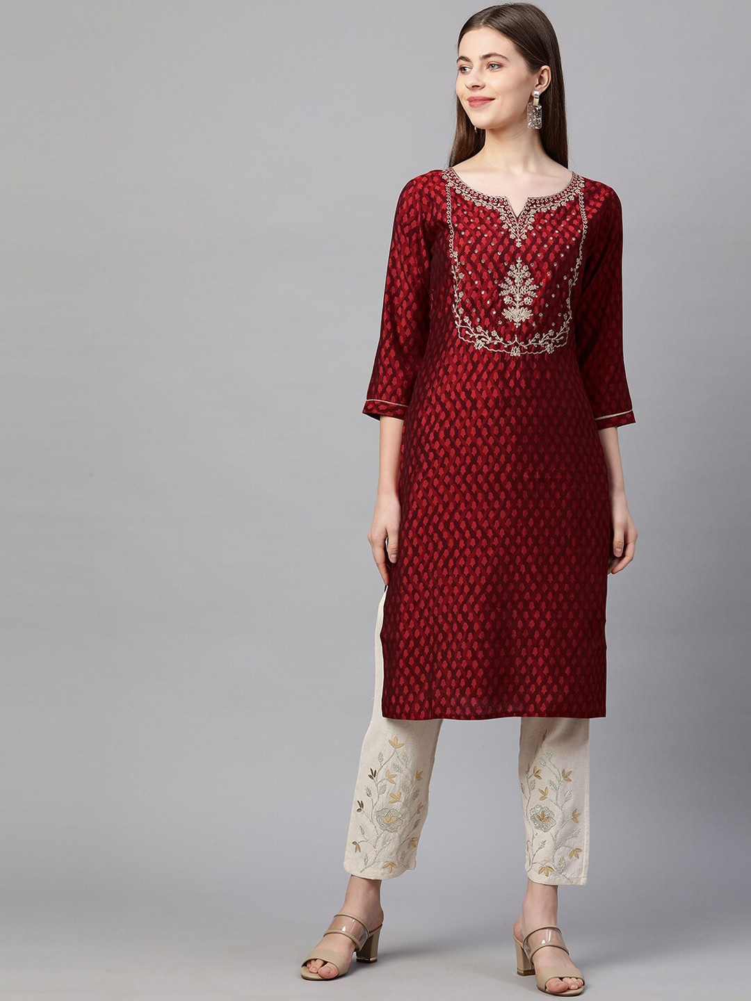

FASHOR Women Maroon & Silver Ethnic Motifs Yoke Design Thread Work Kurta