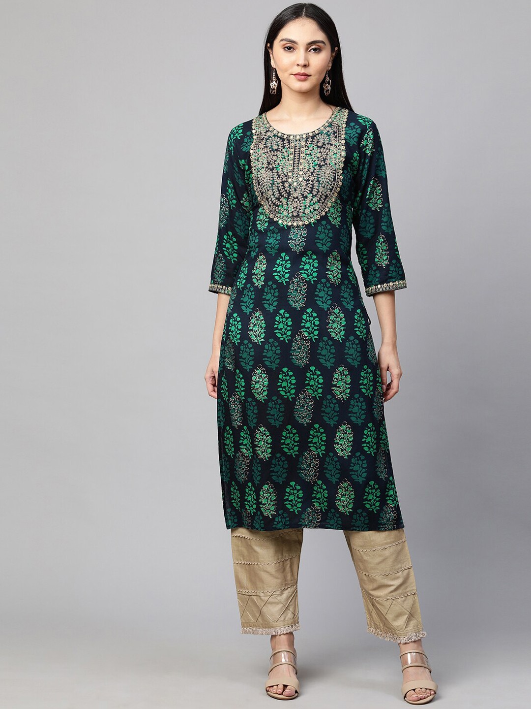 

FASHOR Women Green & Gold-Toned Ethnic Motifs Yoke Design Straight Kurta