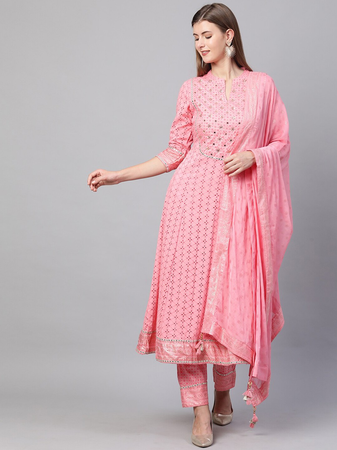 

FASHOR Women Pink Layered Mirror Work Kurta with Trouser & Dupatta
