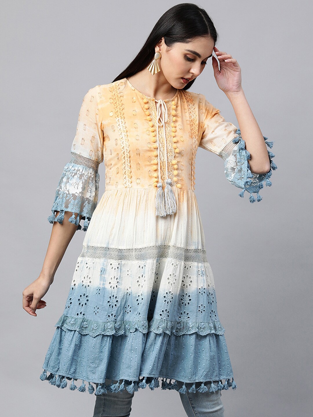 

FASHOR Peach-Coloured & Blue Cutwork Embroidered Tiered Kurti