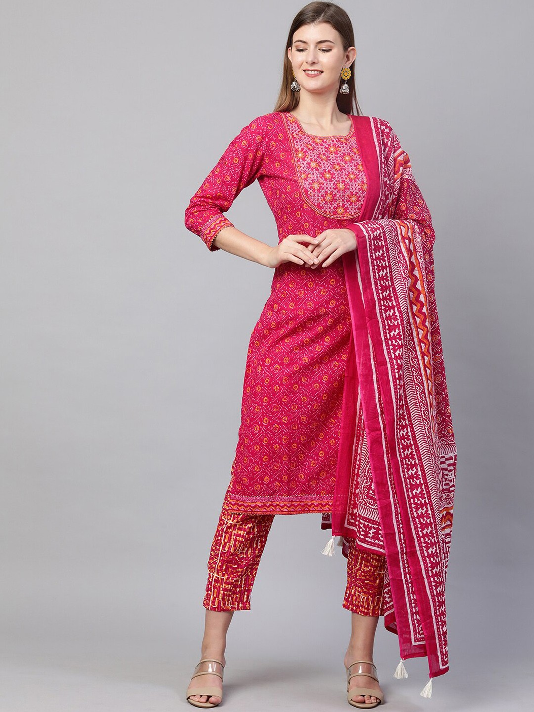 

FASHOR Women Magenta Printed Mirror Work Pure Cotton Kurta with Trousers & With Dupatta