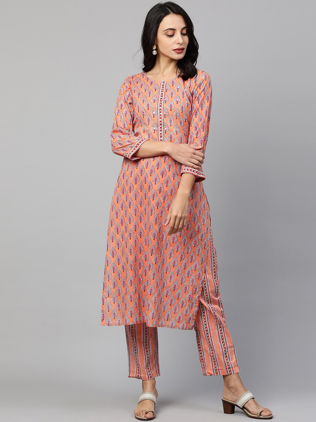 

FASHOR Women Orange Embroidered Gotta Patti Pure Cotton Kurta with Trousers