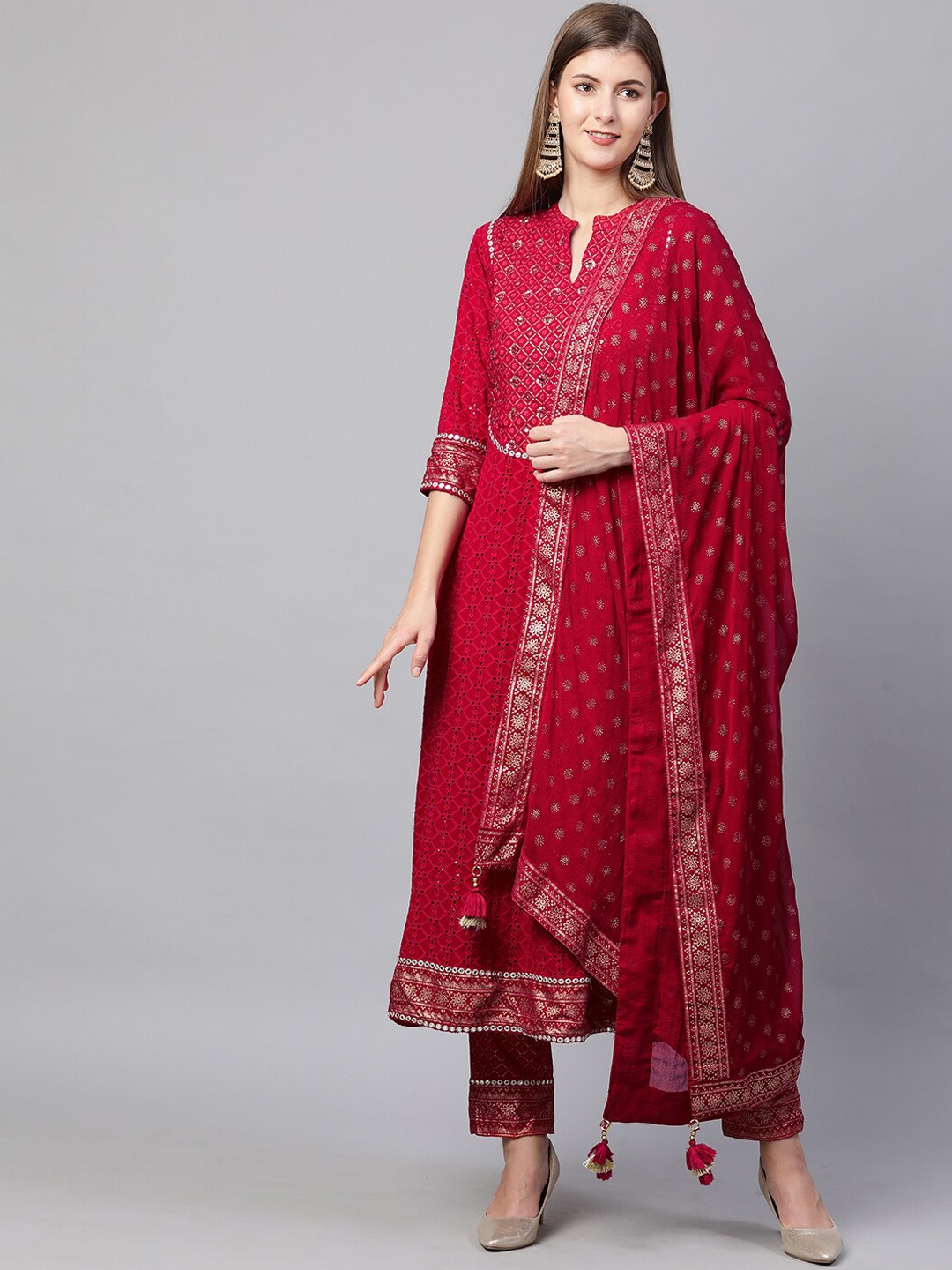 

FASHOR Women Magenta Printed Regular Mirror Work Kurta with Trousers & With Dupatta