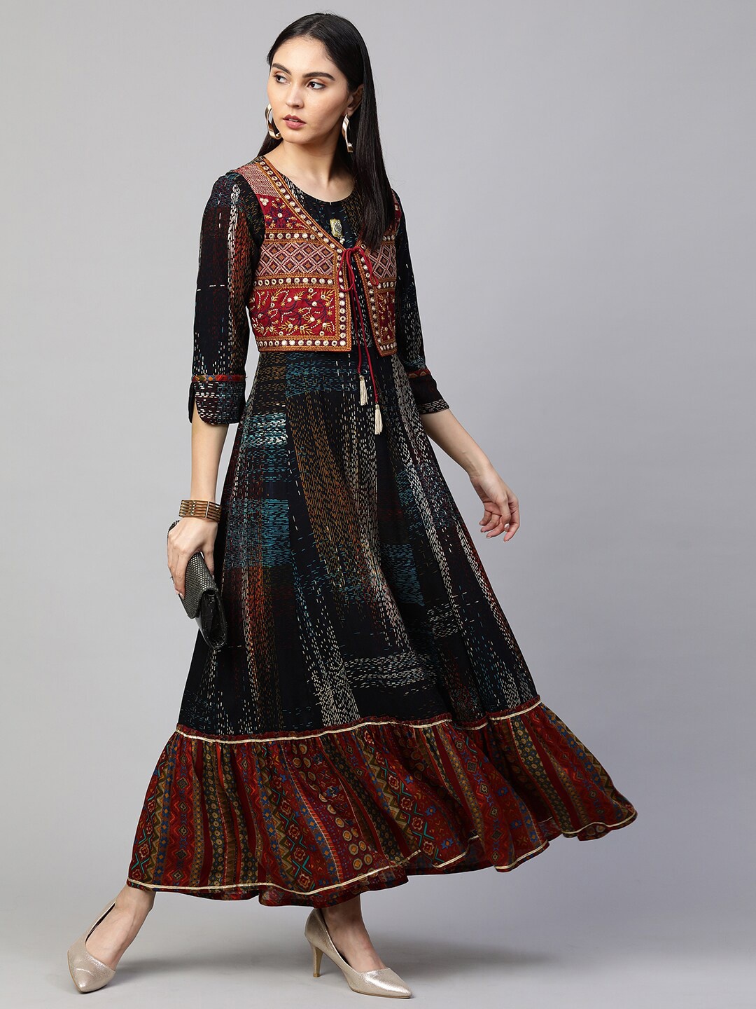 

FASHOR Black Ethnic Motifs Maxi Dress With Embroidered Jacket