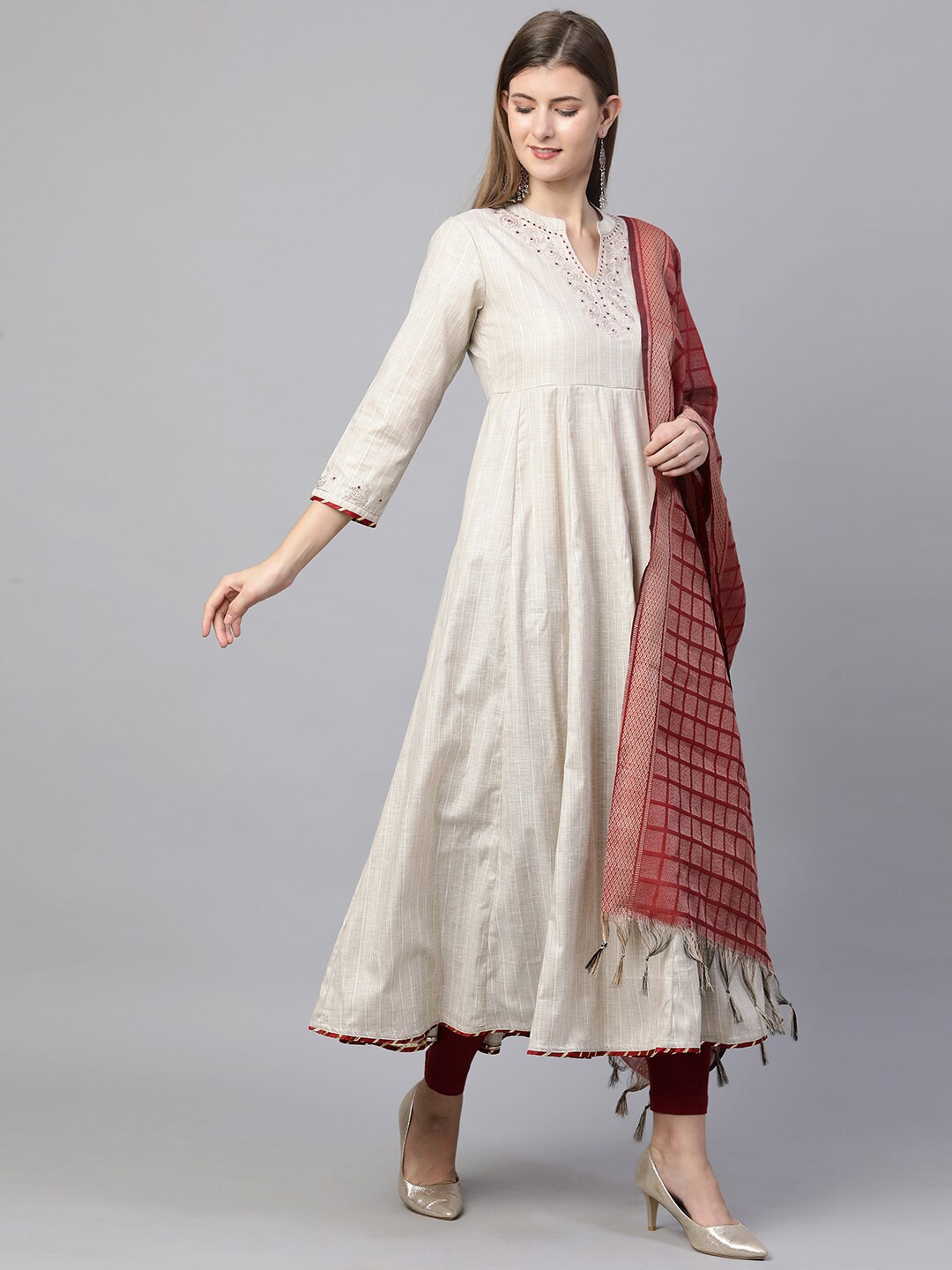 

FASHOR Cream-Coloured & Red Yoke Design Anarkali Kurta With Dupatta