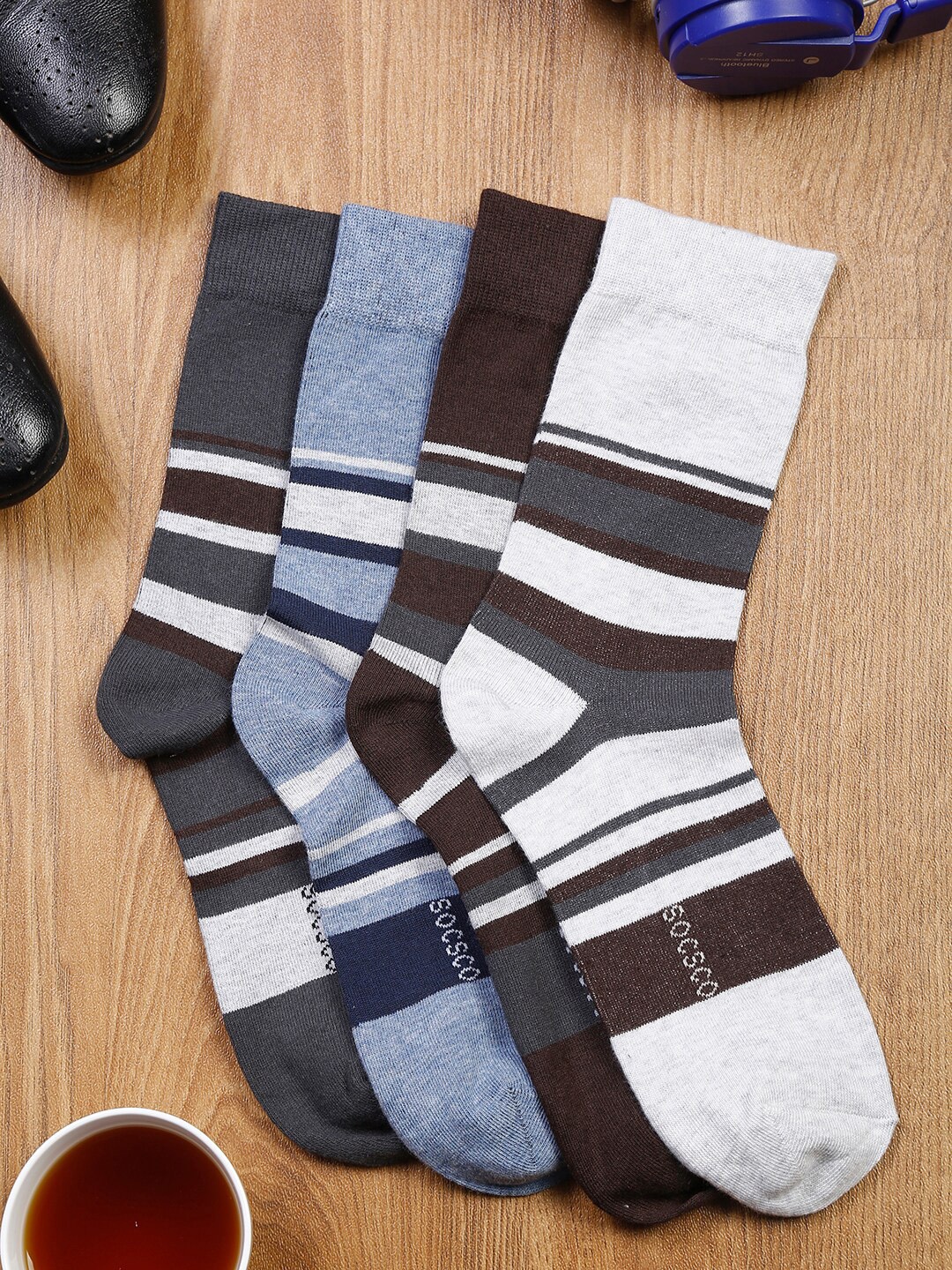 

MUTAQINOTI Men Pack Of 4 Assorted Calf Length Antimicrobial Socks