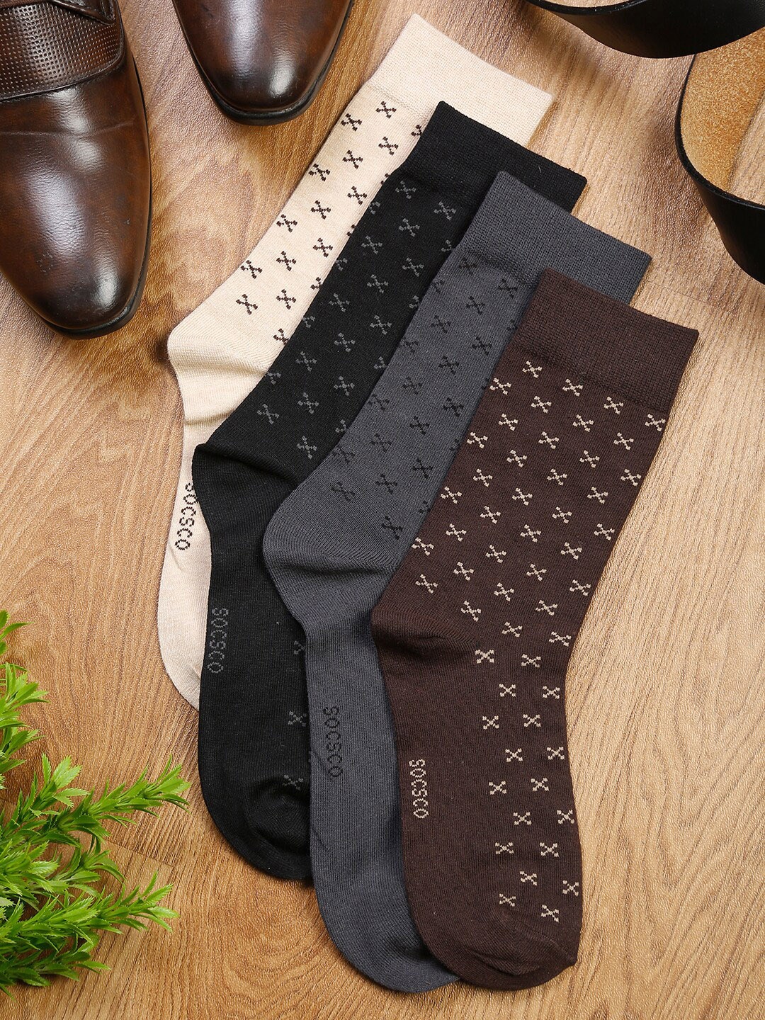 

MUTAQINOTI Men Pack Of 4 Assorted Patterned Calf Length Antimicrobial Socks