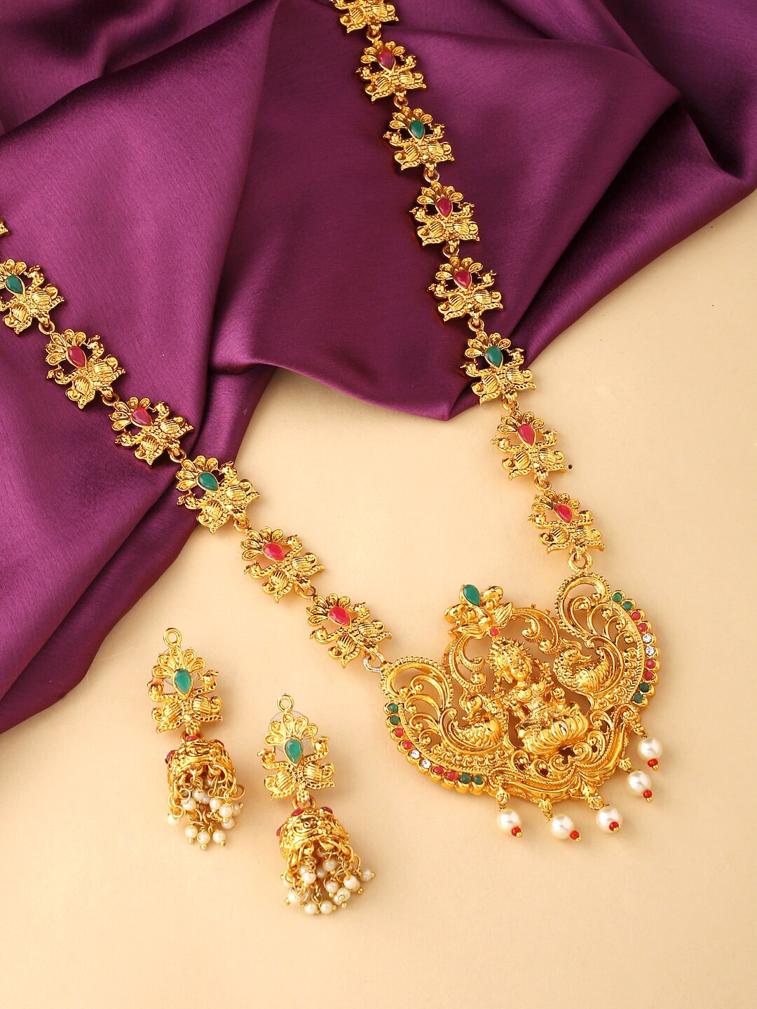 

Yellow Chimes Gold-Plated Pink & Green Kundan Studded & Beaded Temple Jewellery Set