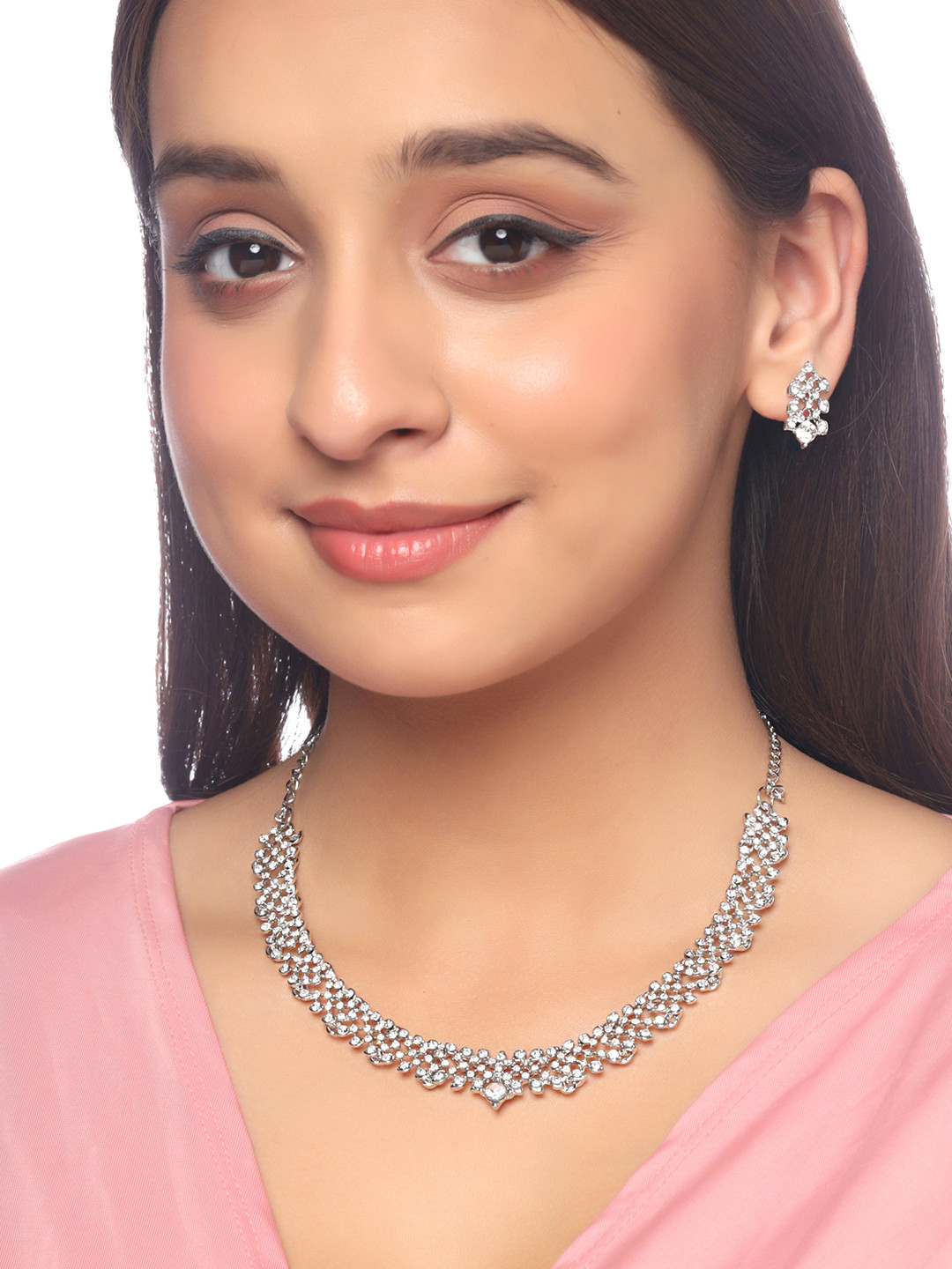 

Yellow Chimes White Silver-Plated Kundan-Studded Jewellery Set