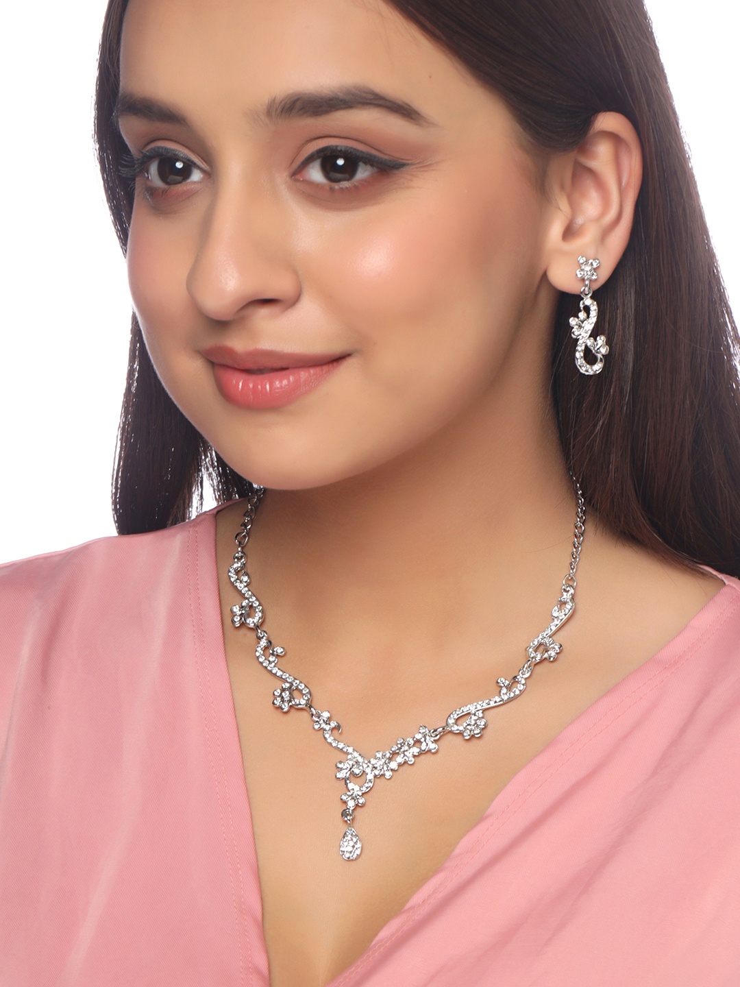 

Yellow Chimes Silver-Plated White Kundan-Studded Oxidised Jewellery Set