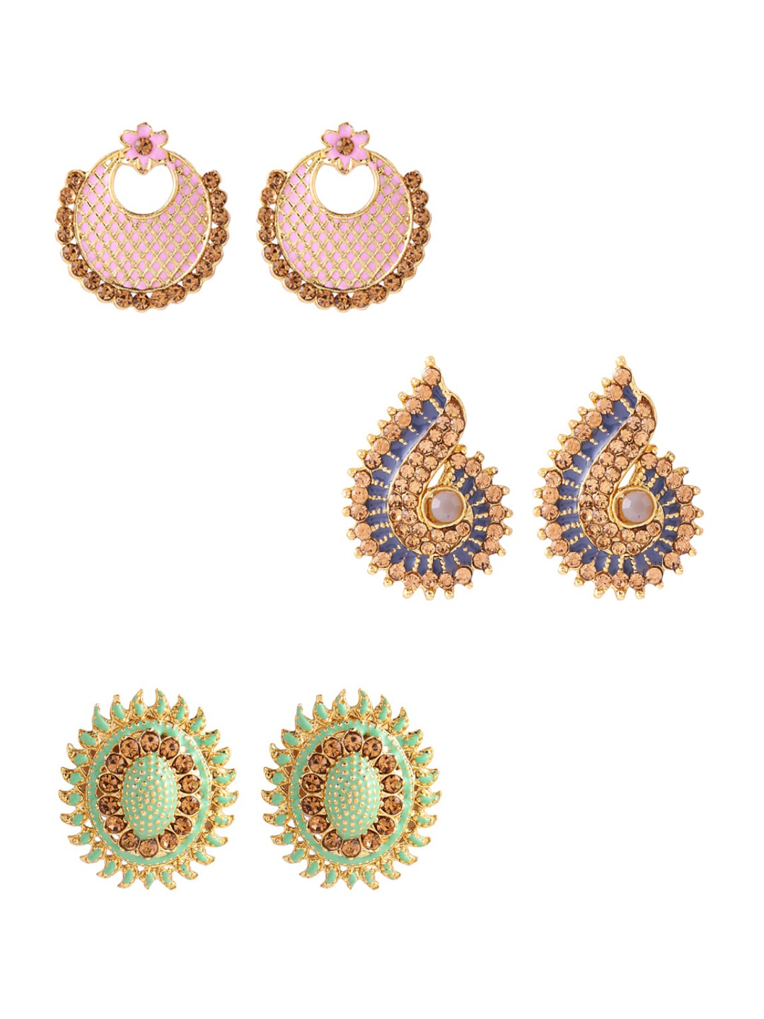 

Yellow Chimes Woman Set of 3 Pairs Gold-Plated Studded Stone Stud Earrings