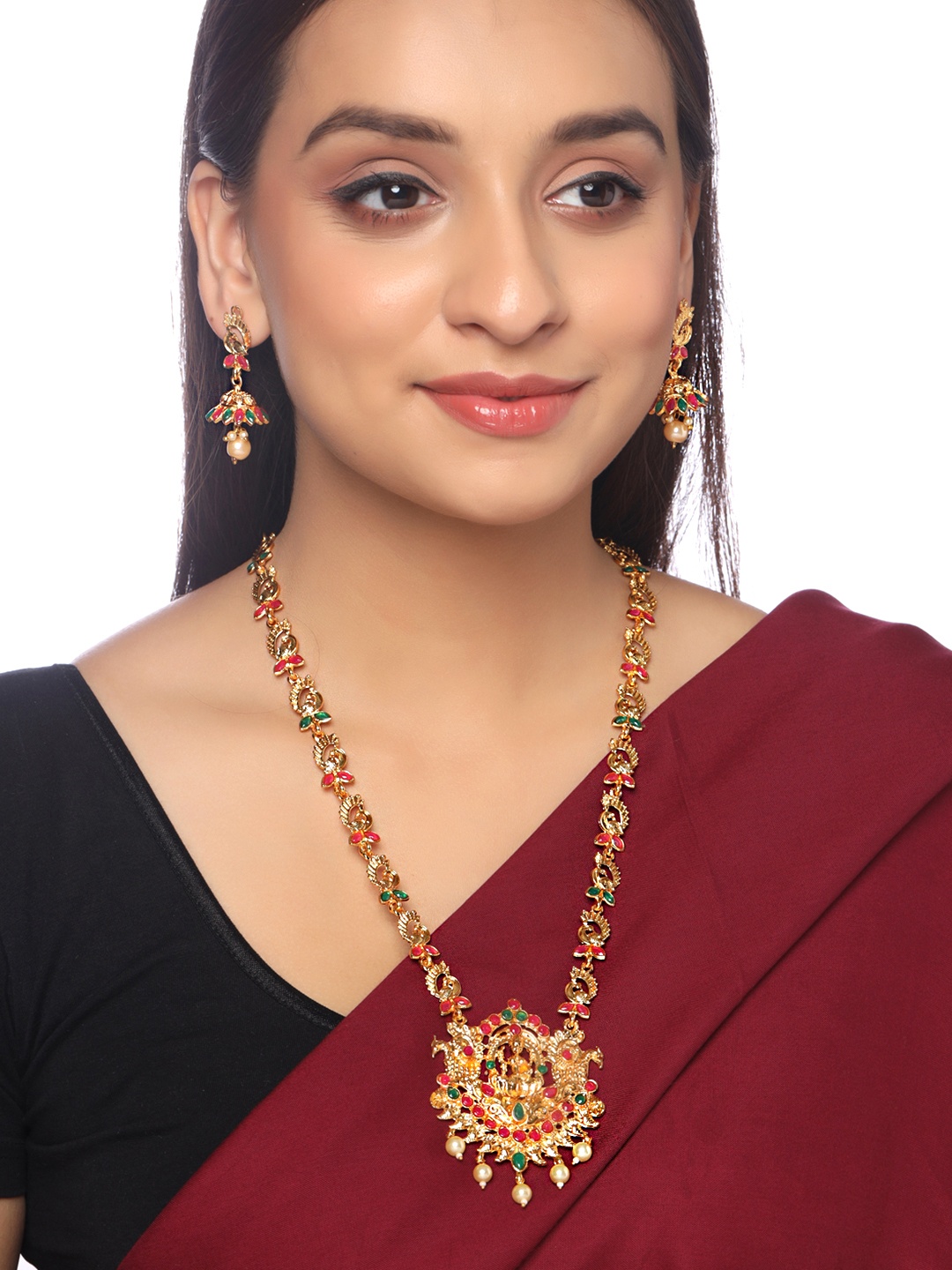 

Yellow Chimes Gold-Plated Pink & Green Kundan Studded & Beaded Oxidised Jewellery Set