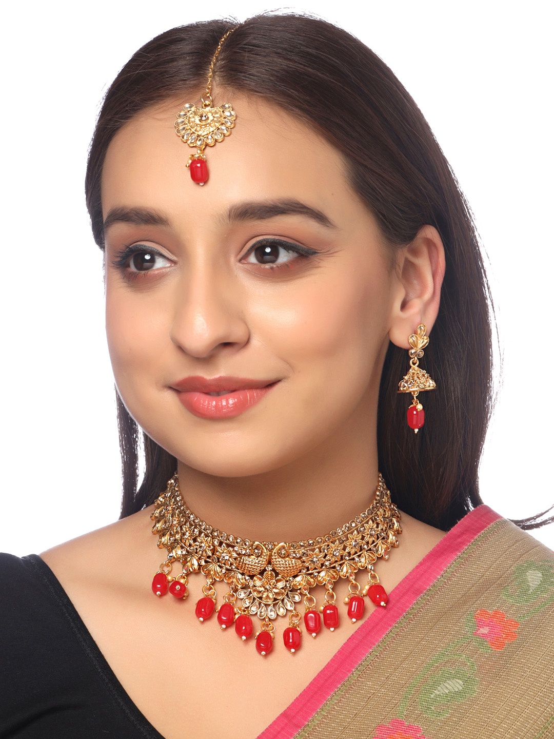 

Yellow Chimes Gold-Plated Red Kundan-Studded & Pearl Beaded Oxidised Jewellery Set