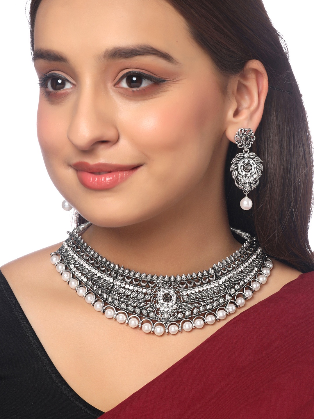 

Yellow Chimes Silver-Plated & White Kundan-Studded Oxidised Jewellery Set