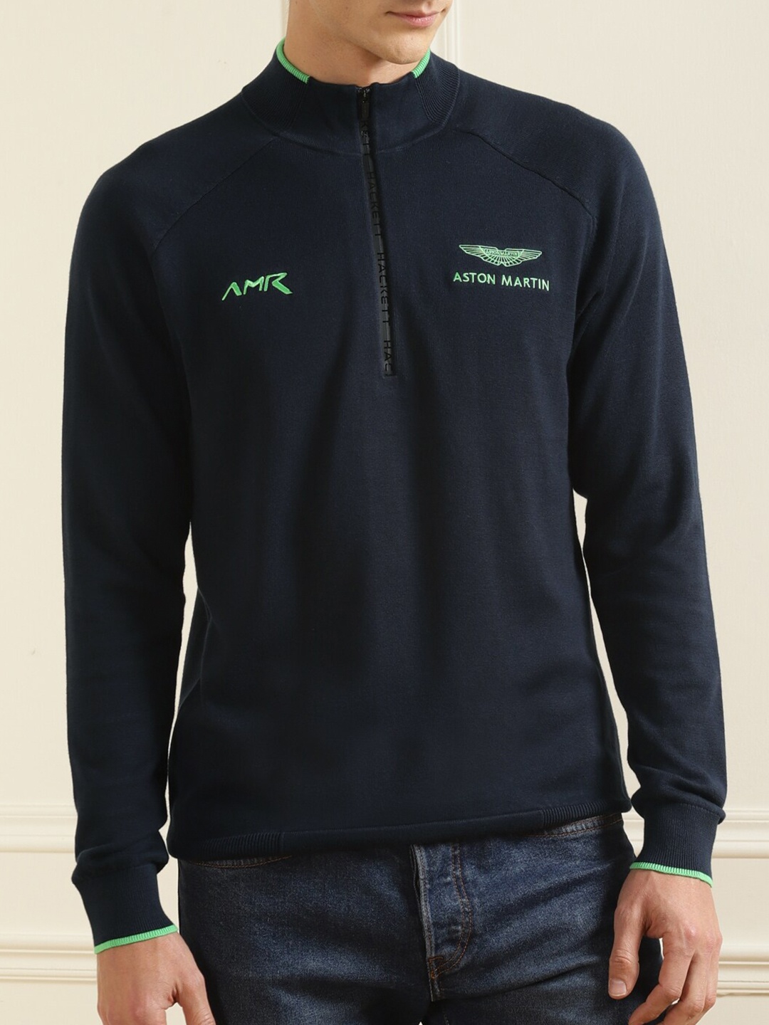 

HACKETT LONDON Men Navy Blue & Green Brand Logo Half Zip Pullover