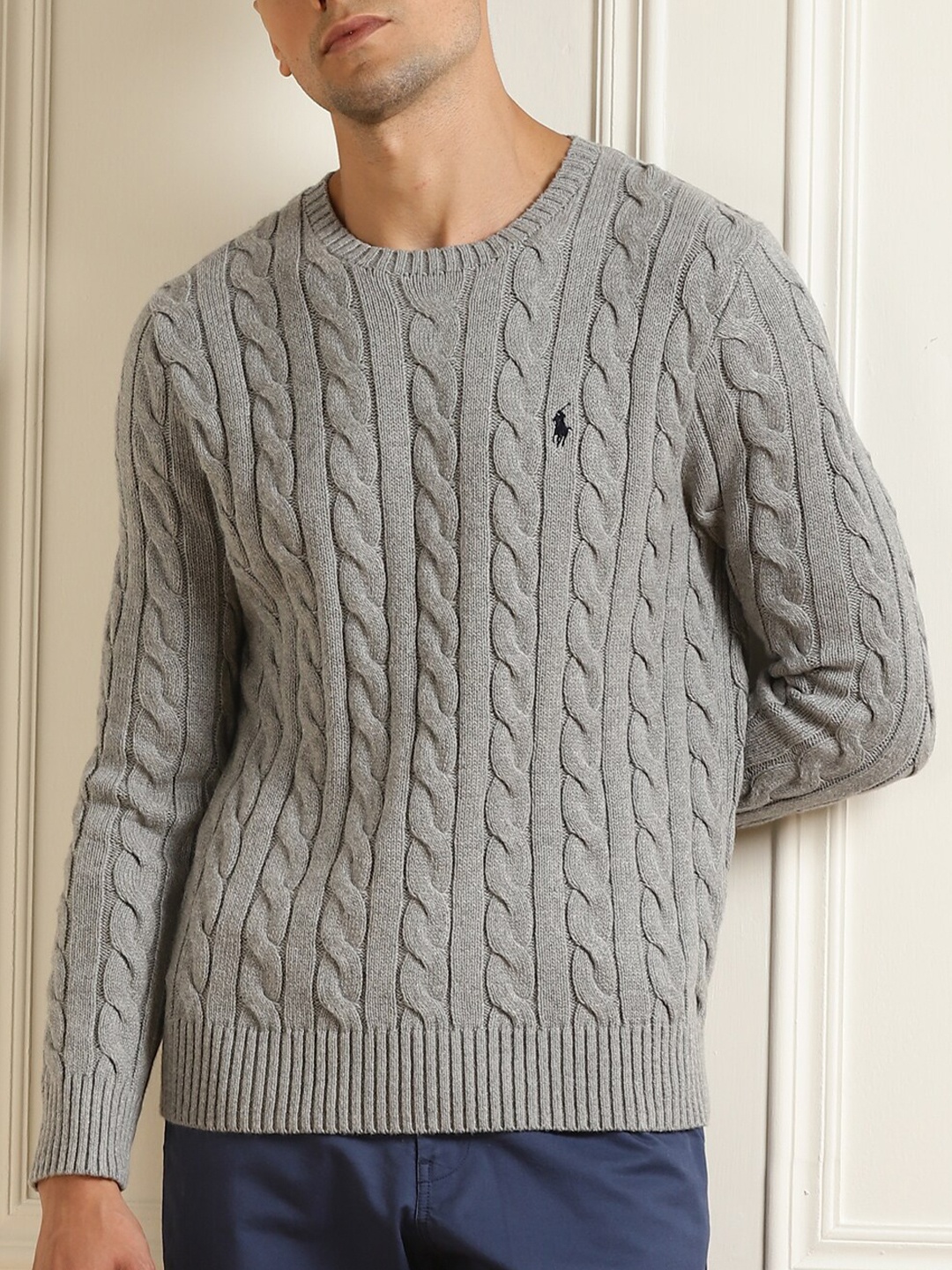 

Polo Ralph Lauren Men Grey Cable Knit Pure Cotton Pullover
