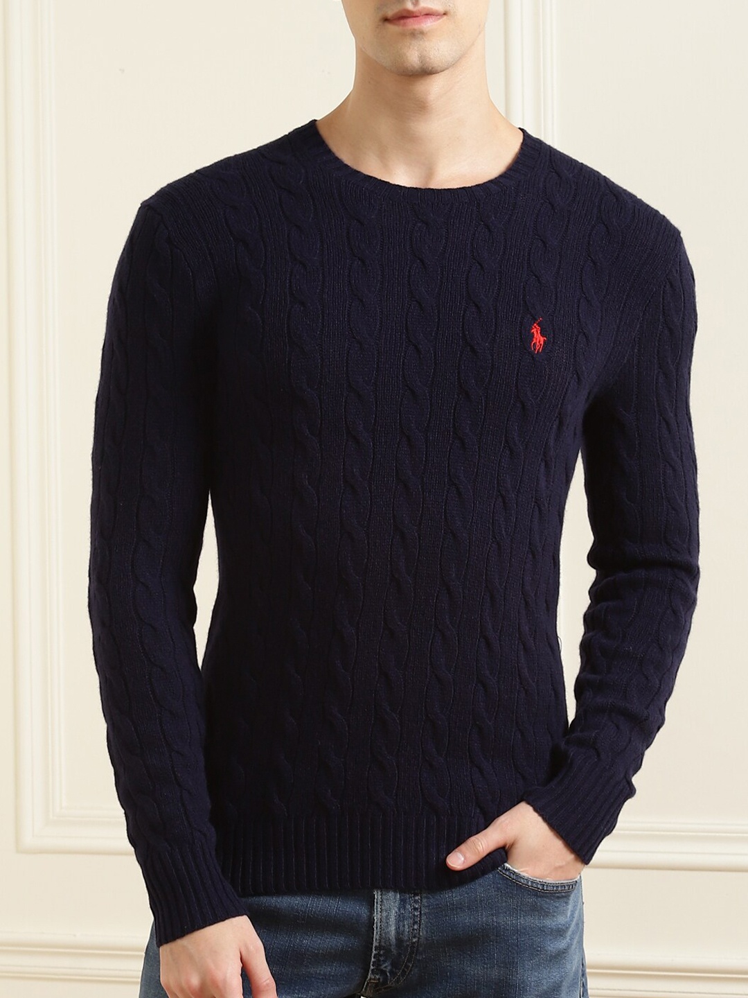 

Polo Ralph Lauren Men Navy Blue Cable Knit Pure Cotton Pullover