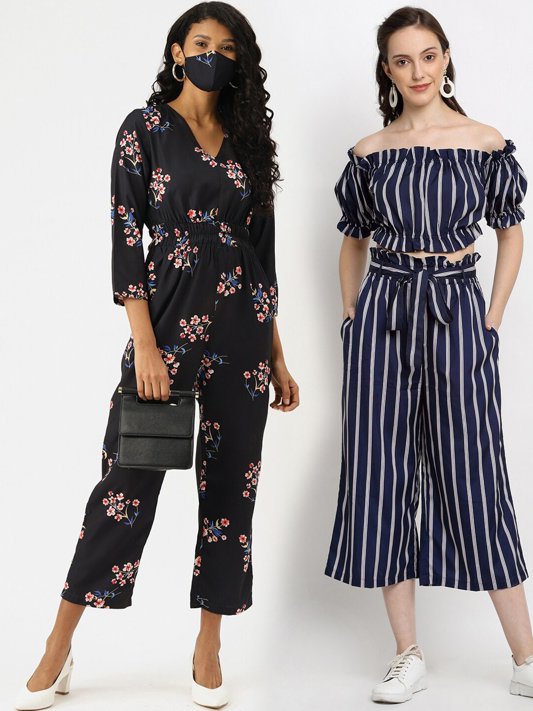 

DIVA WALK EXCLUSIVE Pack Of 2 Navy Blue & Black Printed Basic Jumpsuit With Mask