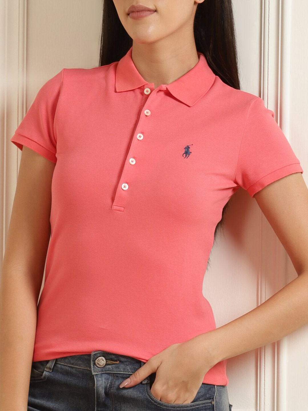 

Polo Ralph Lauren Women Coral Red Polo Collar Pure Cotton T-shirt