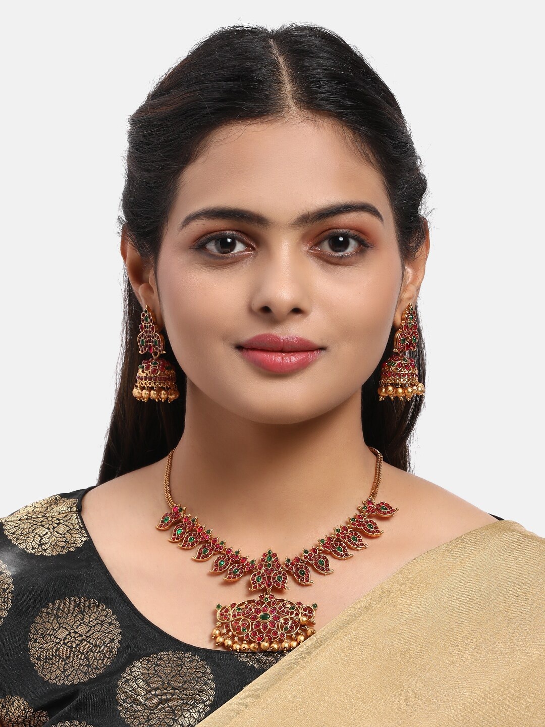 

GRIIHAM Gold-Toned & Pink AD-Studded Jewellery Set