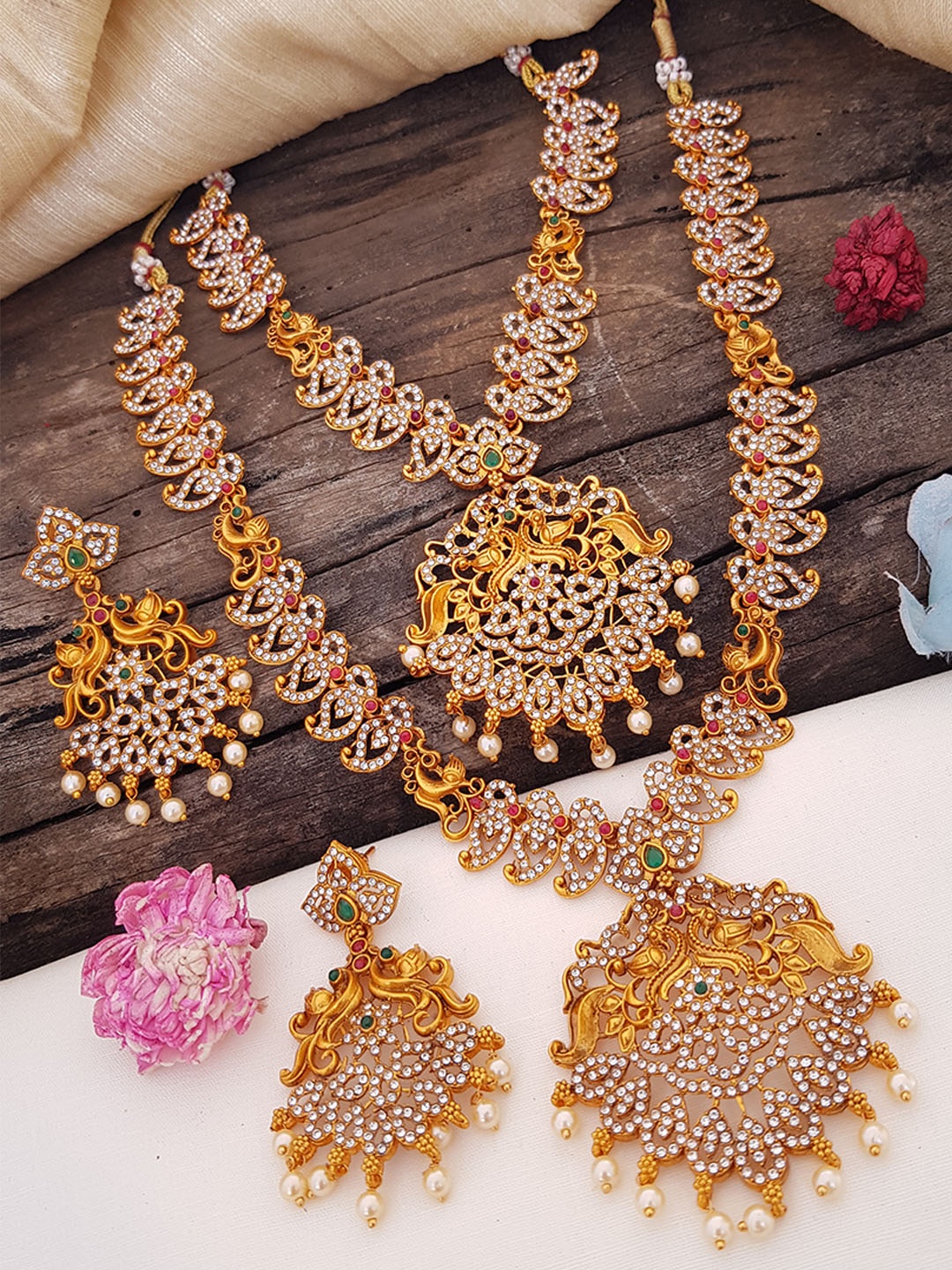 

GRIIHAM Gold Plated White & Pink Stone Studded & Beaded Jewellery Combo Set