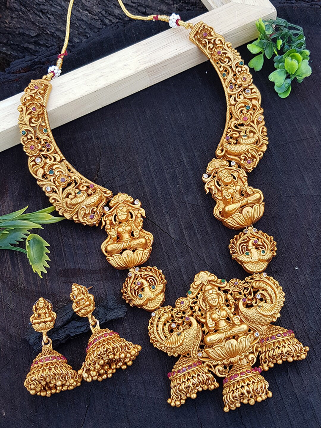 

GRIIHAM Gold-Plated Pink & Green AD-Studded Temple Jewellery Set