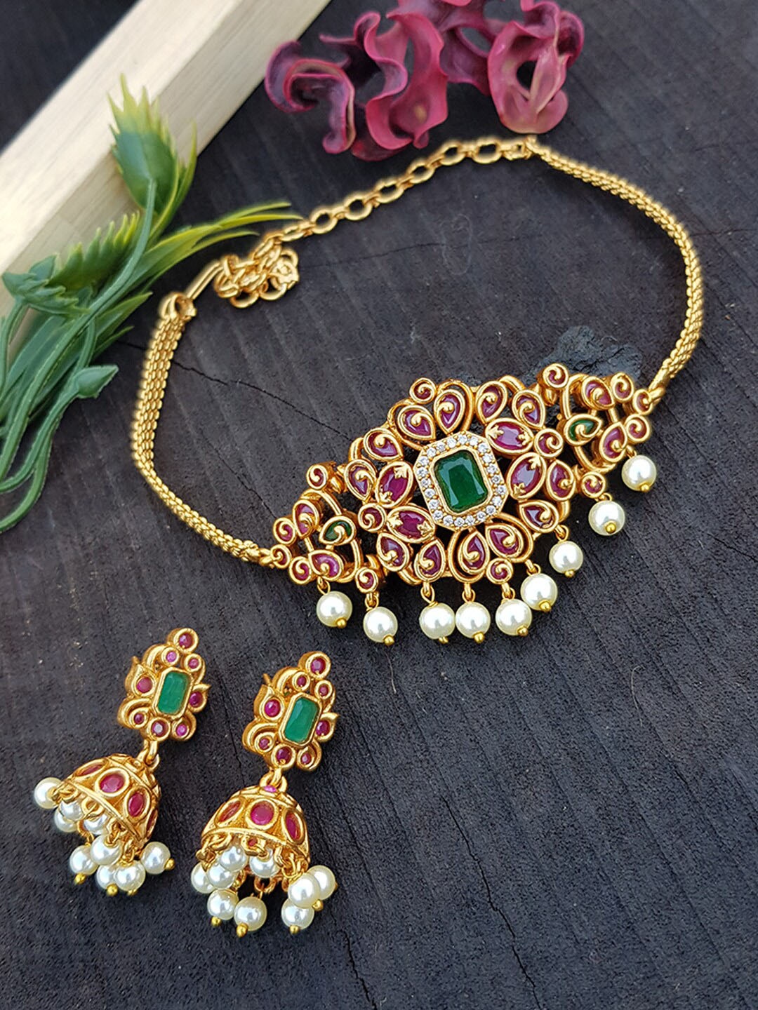 

GRIIHAM Gold-Plated Pink & Green AD-Studded & Pearls Beaded Jewellery Set