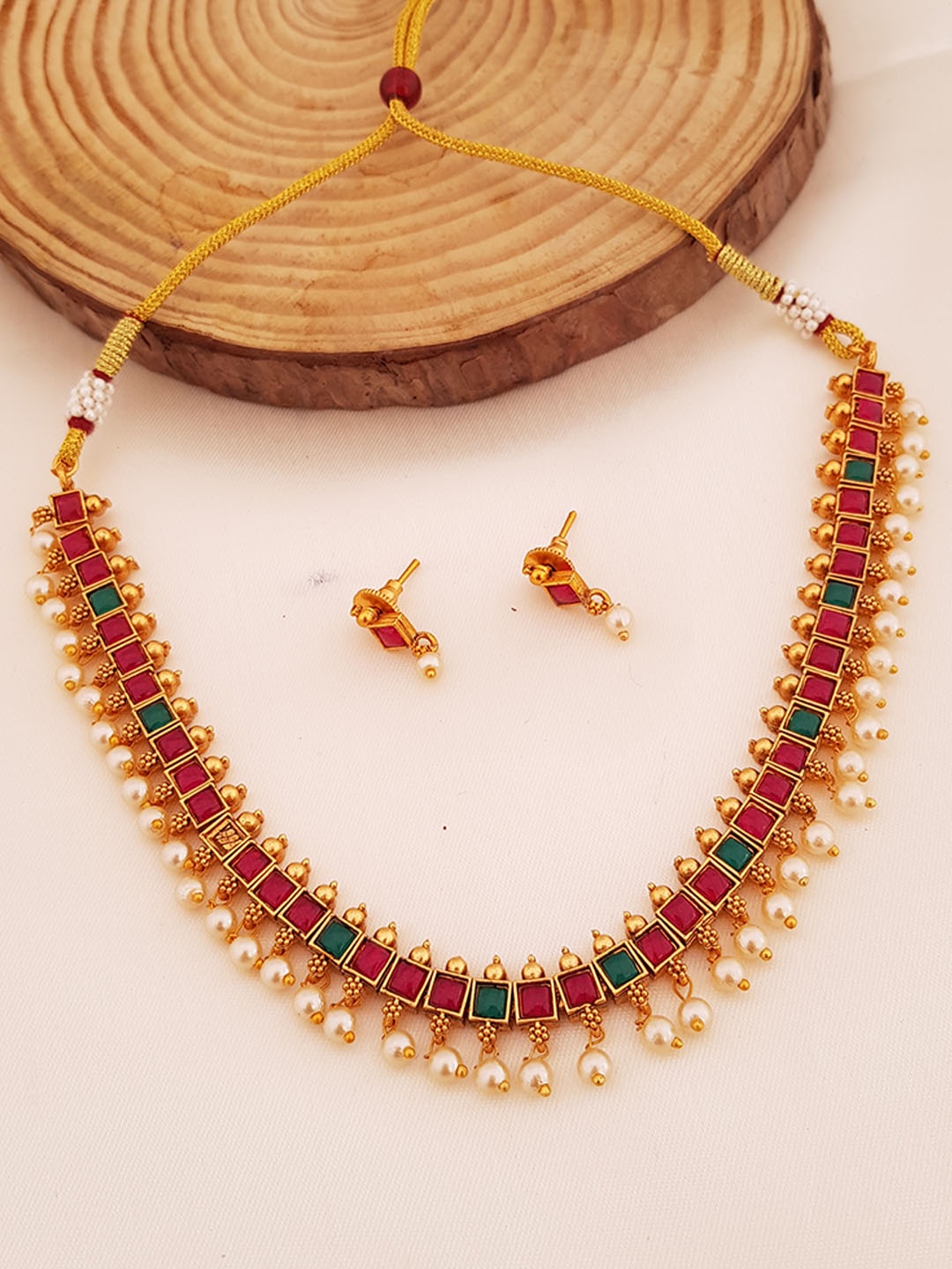 

GRIIHAM Gold-Plated Pink & Green AD-Studded & Beaded Jewellery Set