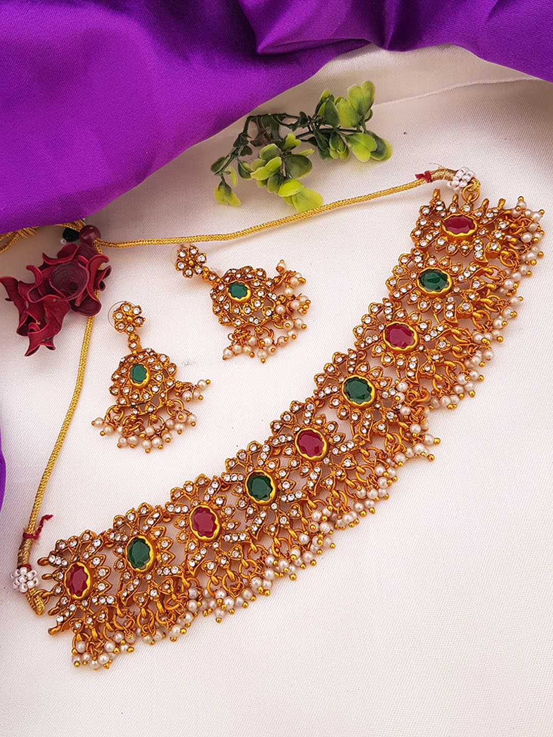 

GRIIHAM Gold-Plated Pink & Green AD-Studded & Beaded Jewellery Set