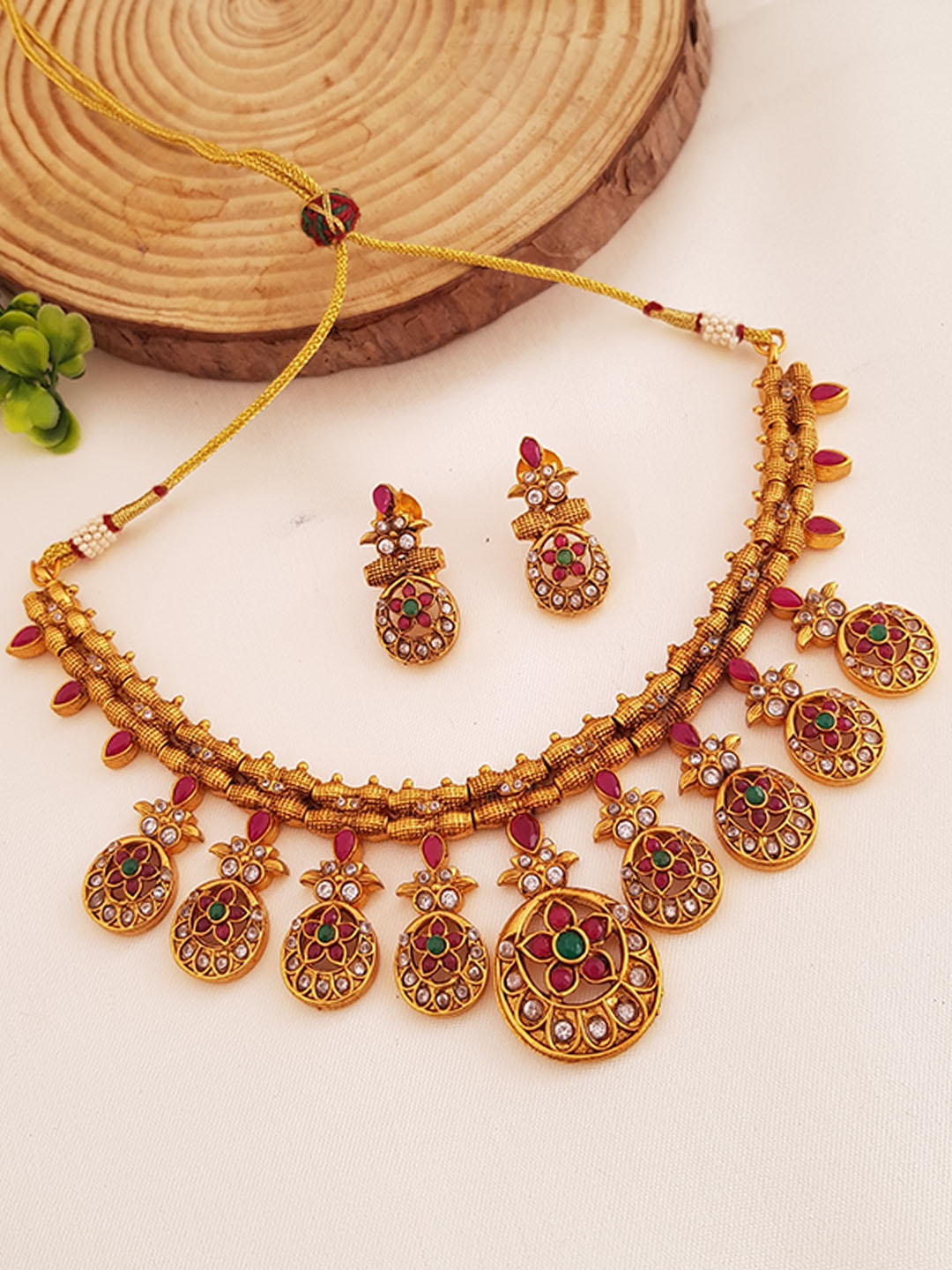 

GRIIHAM Gold-Plated Pink & White AD-Studded Jewellery Set