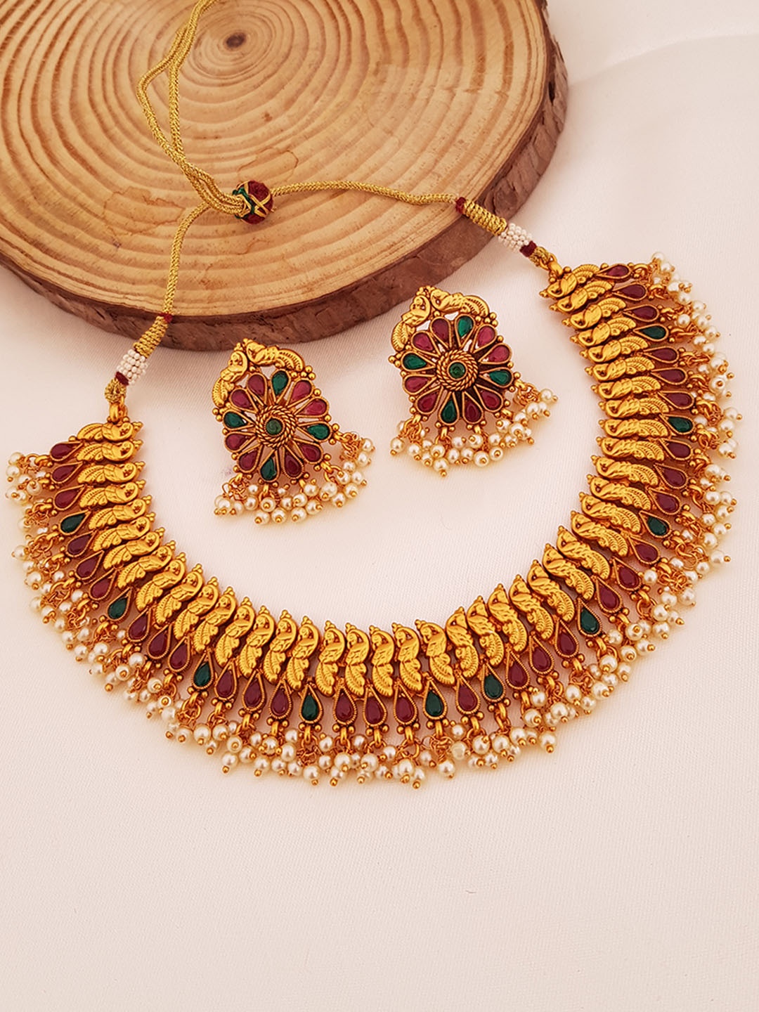 

GRIIHAM Gold-Plated Pink & Green AD-Studded & Beaded Jewellery Set