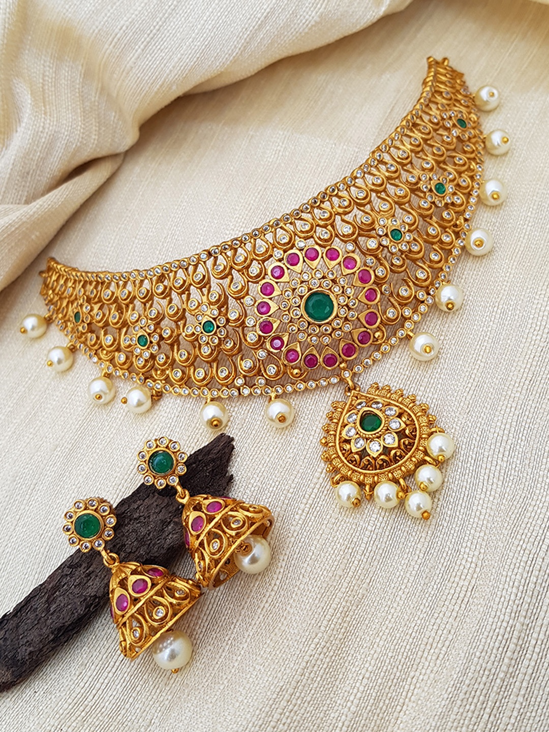 

GRIIHAM Gold-Plated Pink & Green AD-Studded & Beaded Jewellery Set
