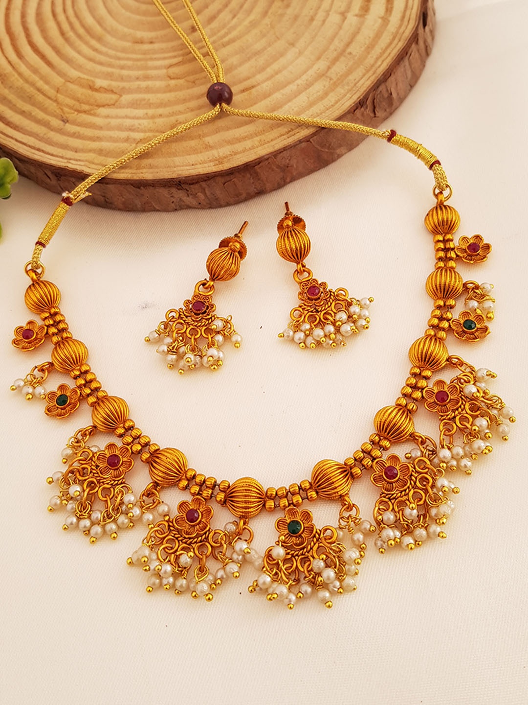 

GRIIHAM Gold-Plated Green & White AD-Studded & Pearl Beaded Jewellery Set