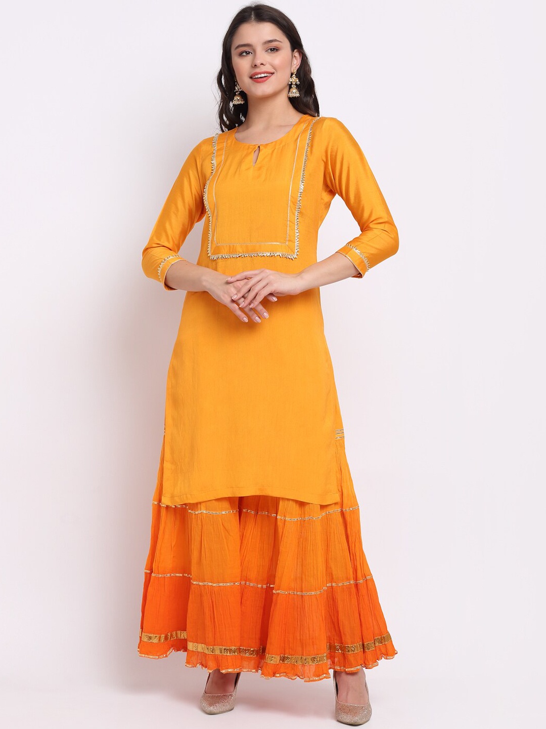 

anokherang Women Yellow Yoke Design Gotta Patti Pure Cotton Kurta with Sharara