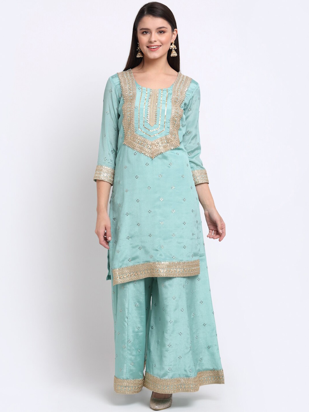 

anokherang Women Blue Floral Embroidered Sequinned Kurta with Palazzo