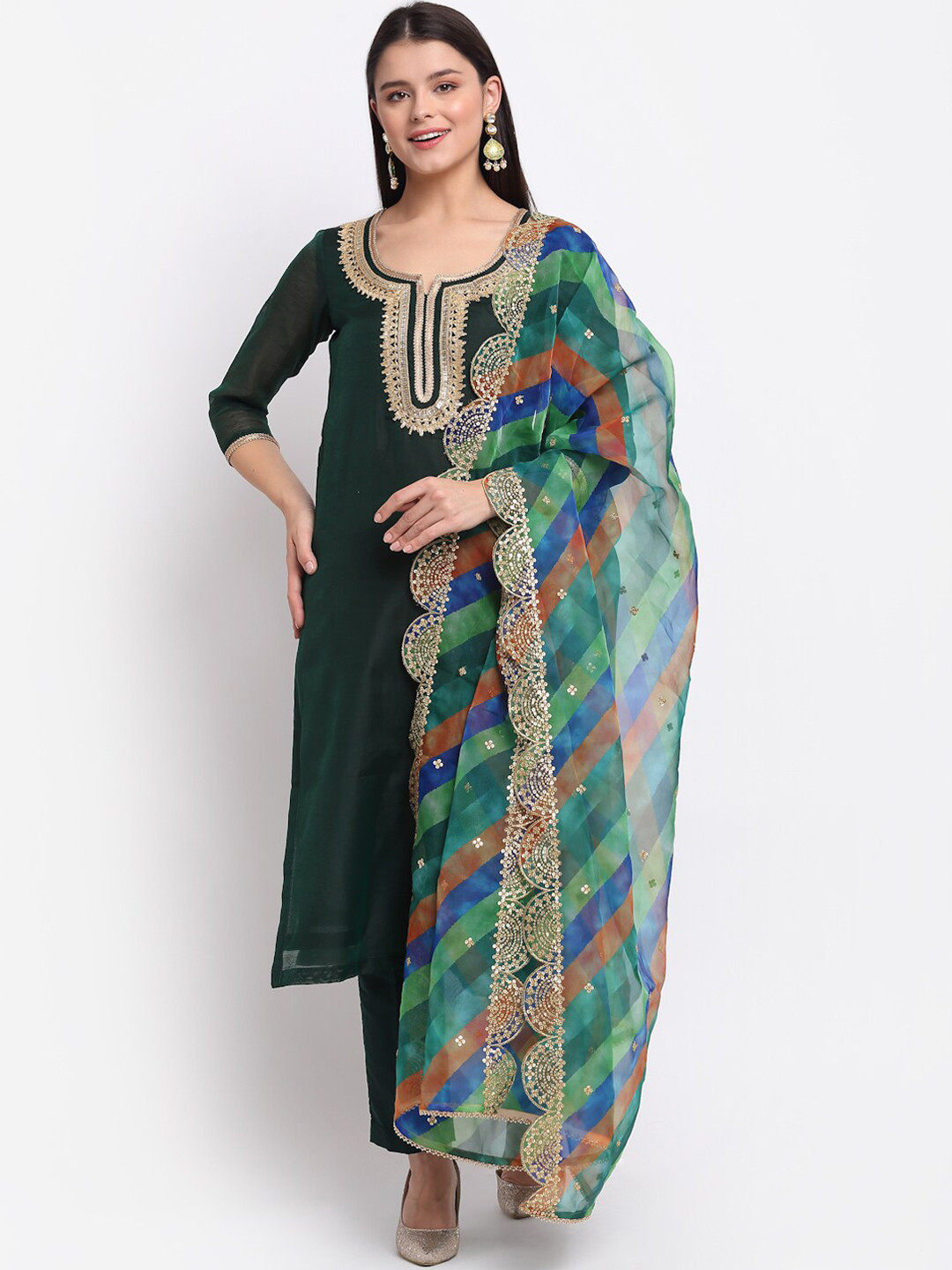 

anokherang Women Green Yoke Design Gotta Patti Chanderi Silk Kurta with Trousers & With Dupatta