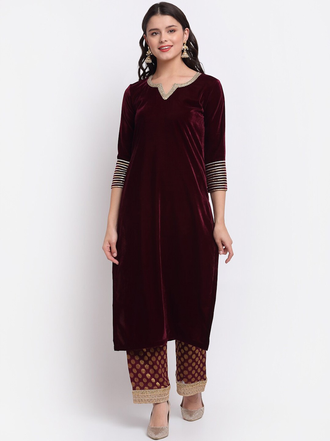 

anokherang Women Burgundy Gotta Patti Velvet Kurta with Trousers
