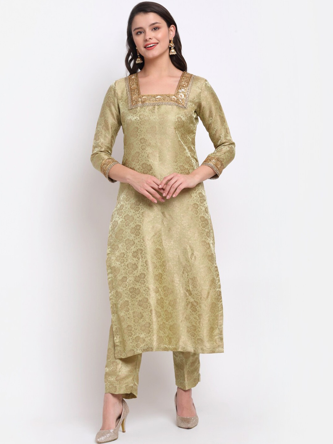 

anokherang Women Green Gotta Patti Brocade Kurta with Trousers