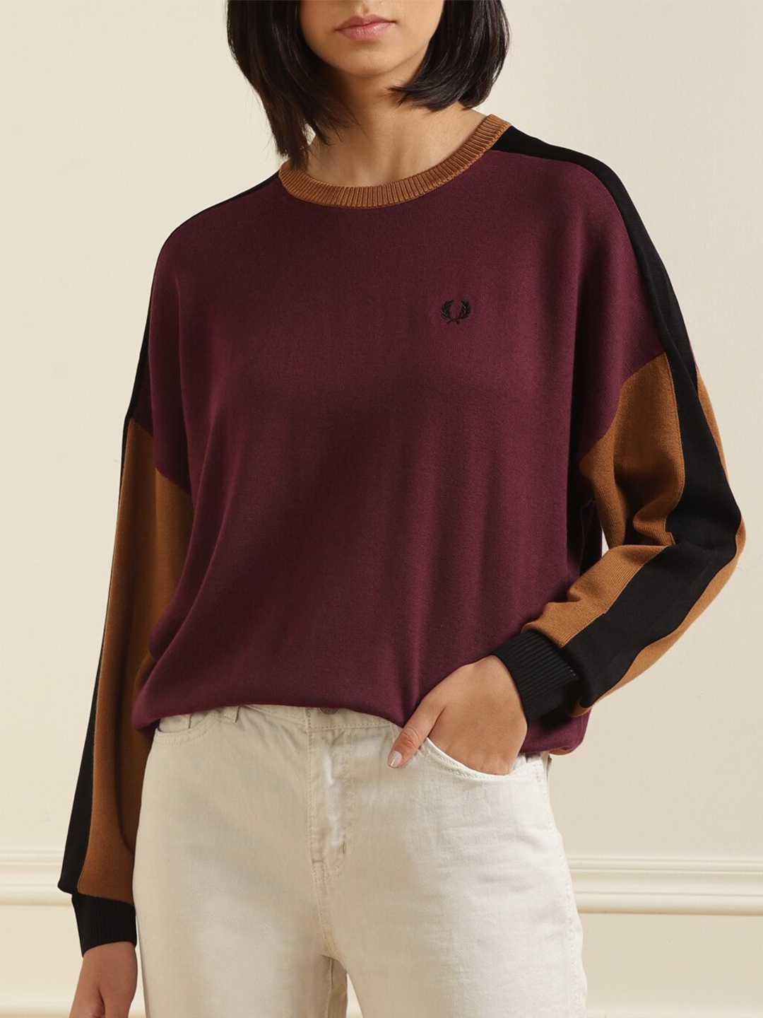 

Fred Perry Women Purple Colourblocked Pure Cotton Pullover