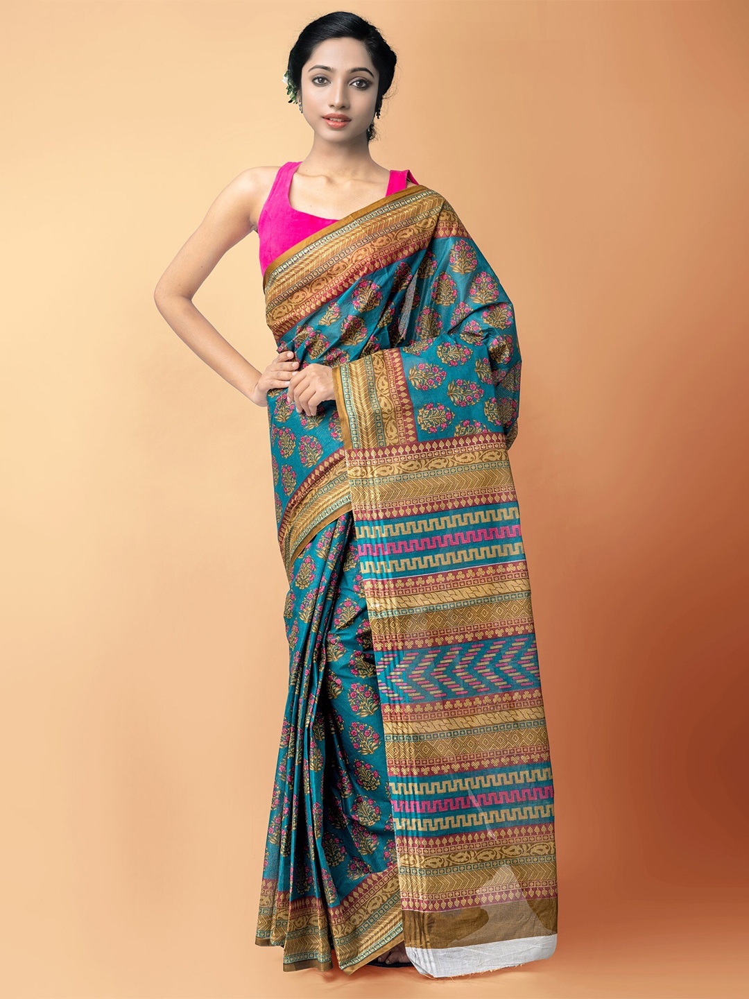 

Unnati Silks Green & Brown Ethnic Motifs Printed Pure Cotton Kota Saree