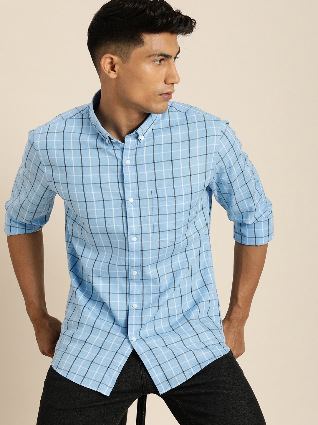 

ether Men Blue & White Checked Pure Cotton Casual Shirt