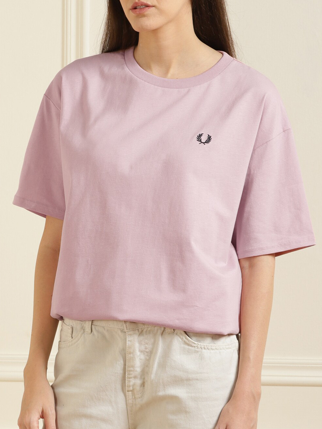 

Fred Perry Women Pink Drop-Shoulder Sleeves Pure Cotton T-shirt