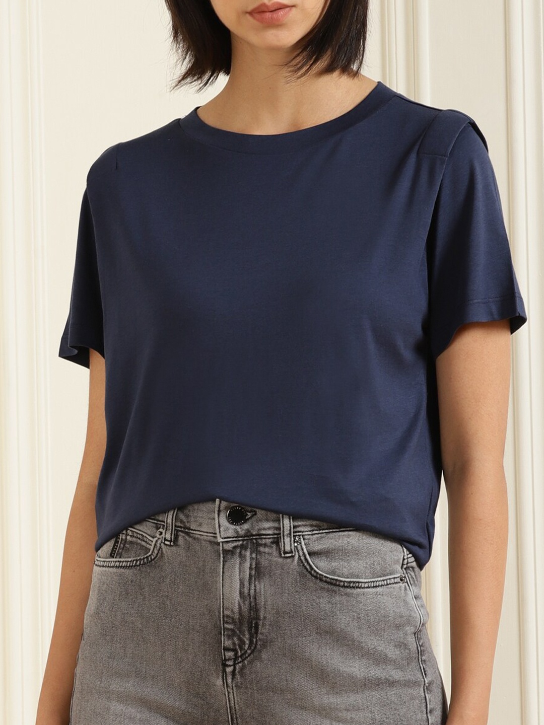 

Ted Baker Women Navy Blue Cotton Panel T-shirt