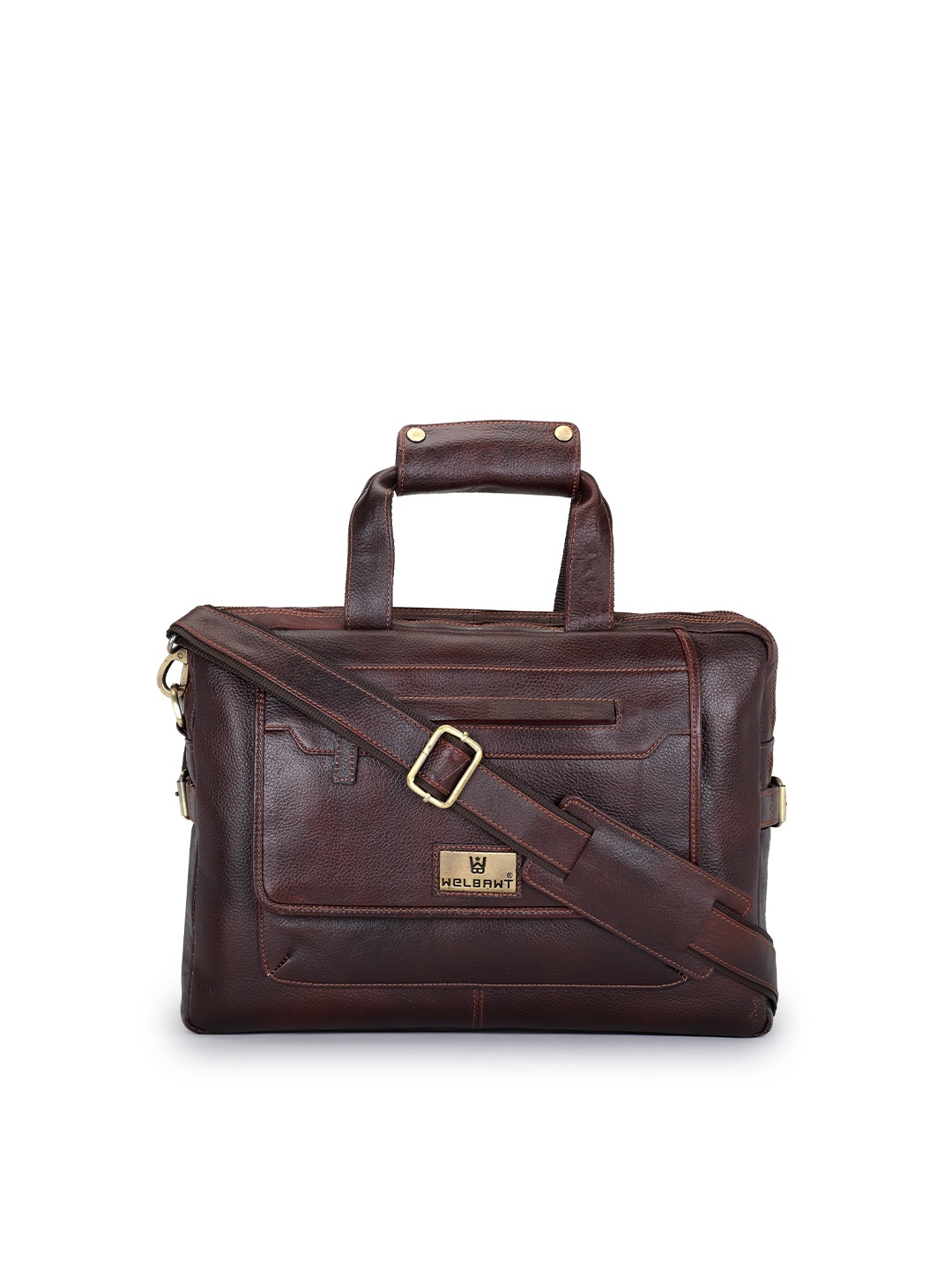 

WELBAWT Men Brown & Gold-Toned Leather Laptop Bag