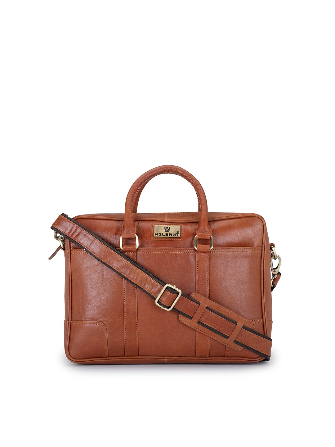

WELBAWT Men Tan Brown & Gold-Toned Leather 15 Inch Laptop Bag