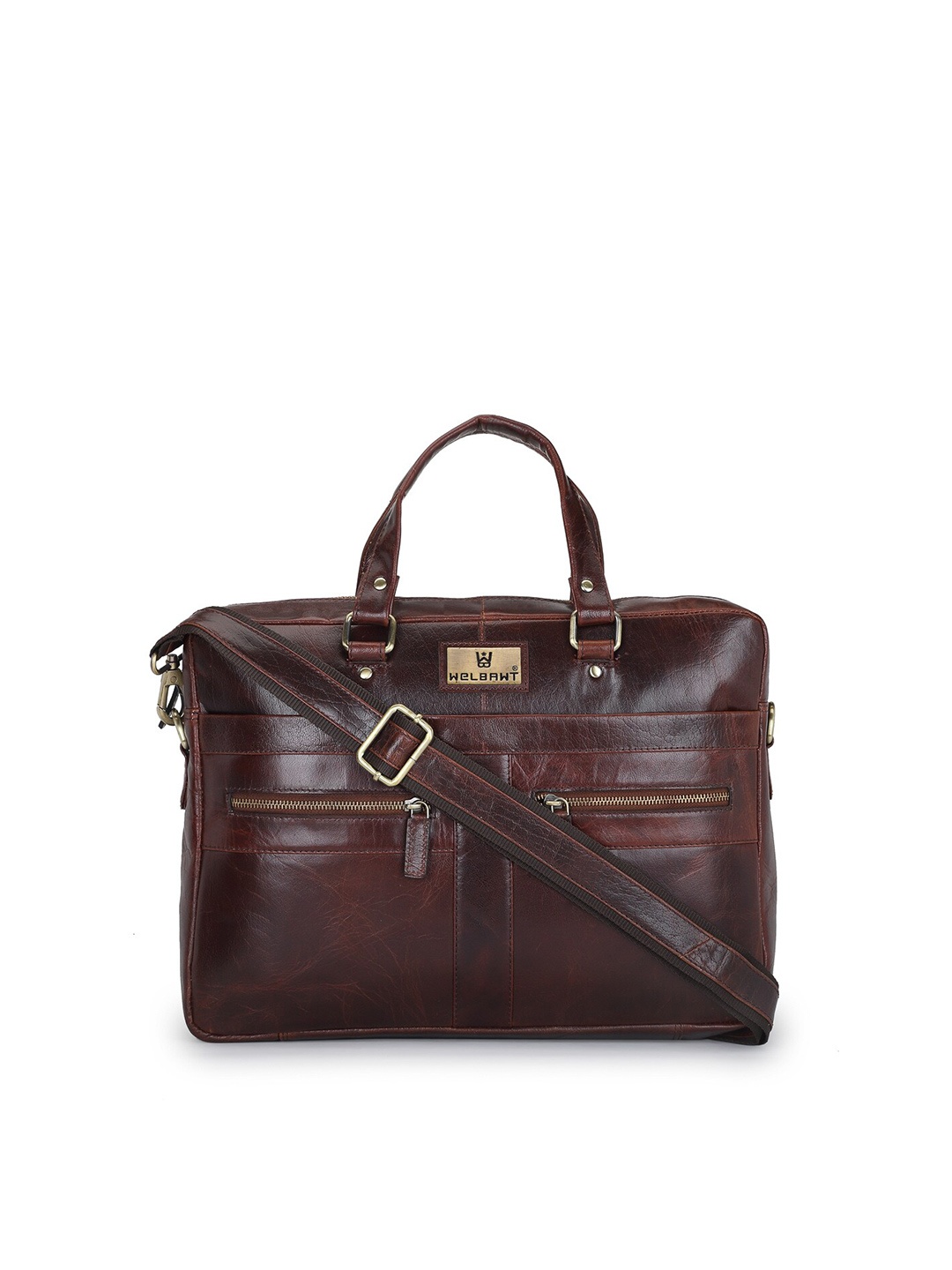 

WELBAWT Men Brown & Gold-Toned Leather Laptop Bag