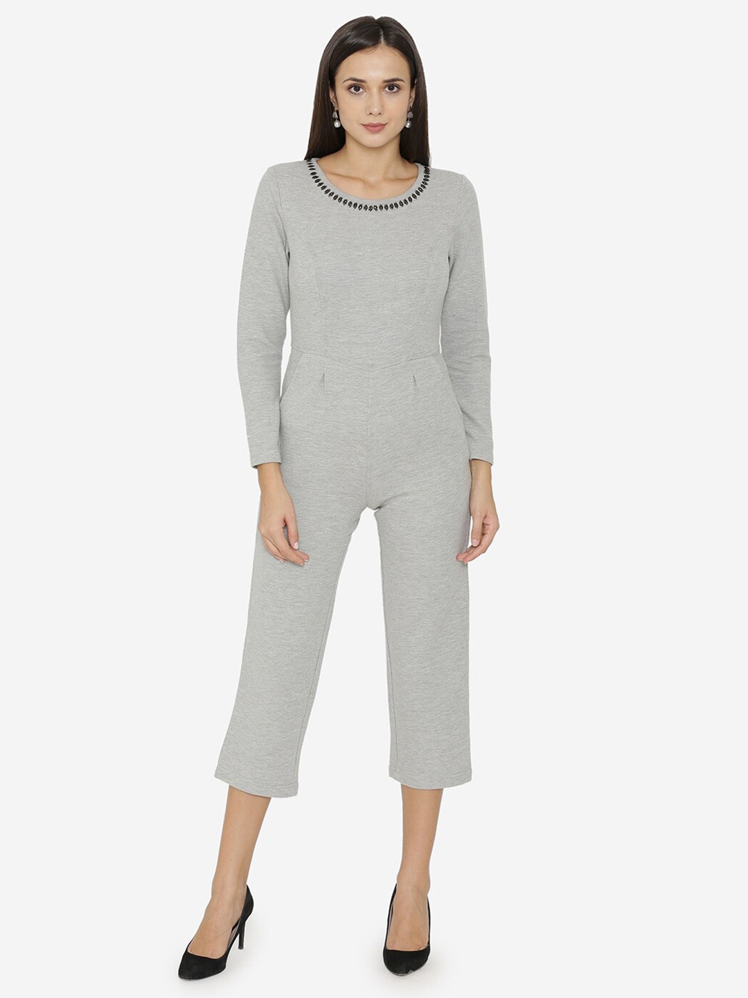 

Yaadleen Grey & Black Basic Jumpsuit with Embellished