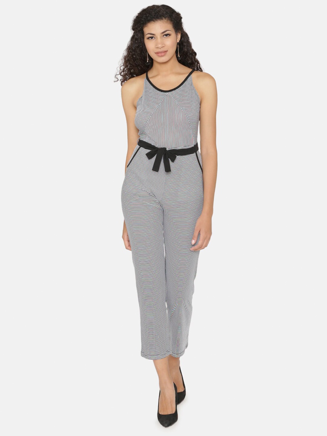 

Yaadleen White & Black Striped Cotton Basic Jumpsuit