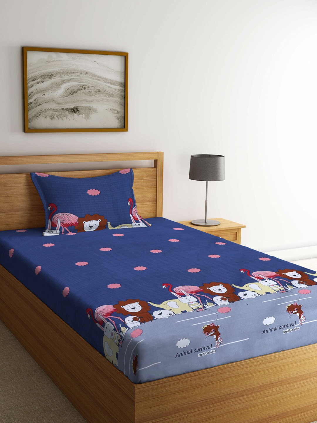 

KLOTTHE Blue & Pink Cartoon Characters 210 TC Single Bedsheet with Pillow Cover