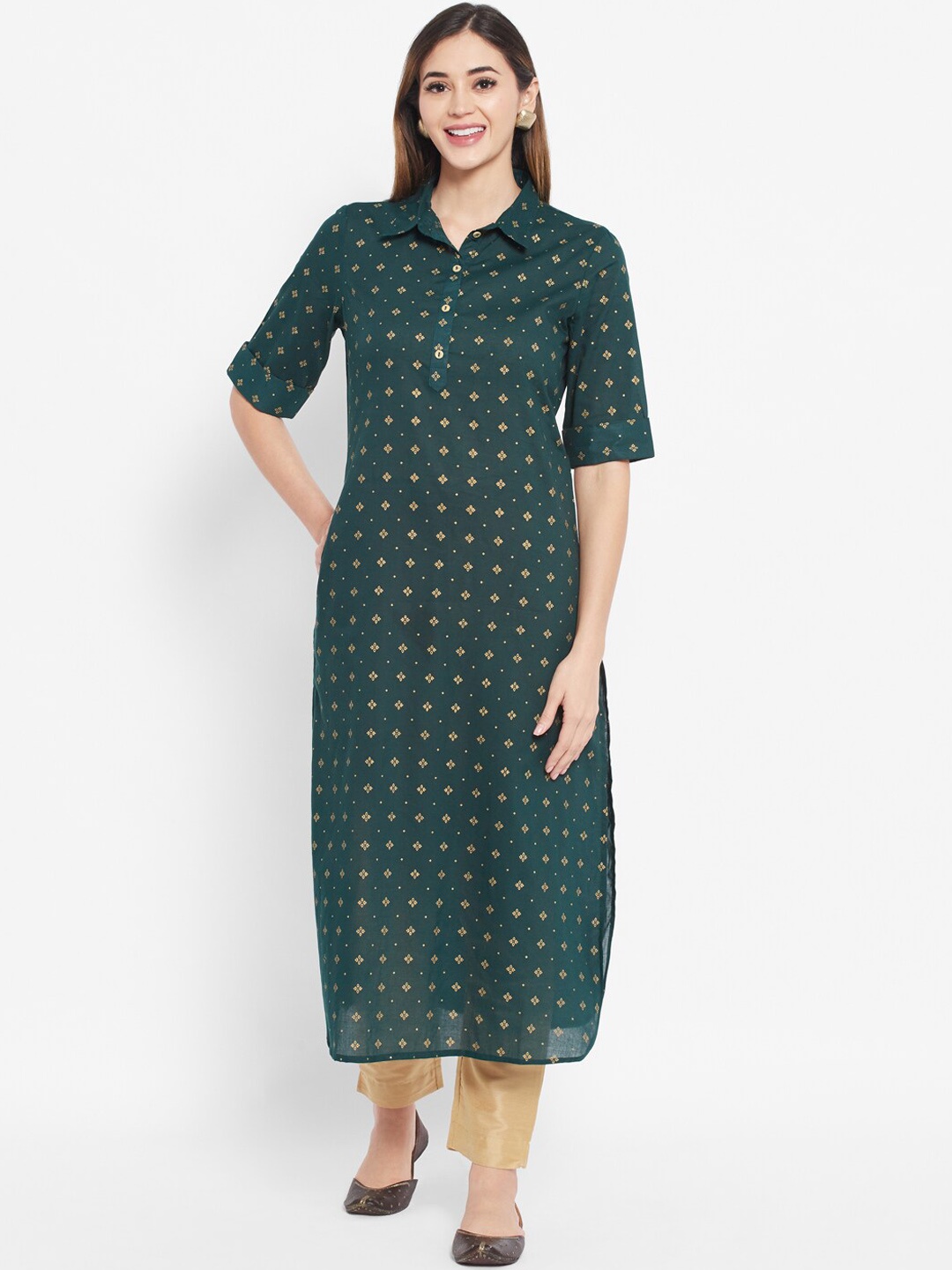 

DESI BEATS Women Green Geometric Printed Flared Sleeves Thread Work Kurta